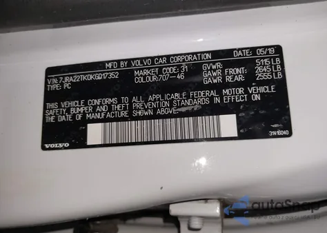 2019 Volvo S60 T6 Momentum z USA, uszkodzony, nr VIN 7JRA22TK0KG017352